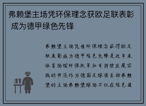 弗赖堡主场凭环保理念获欧足联表彰 成为德甲绿色先锋 弗赖堡主场凭环保理念获欧足联表彰 成为德甲绿色先锋
